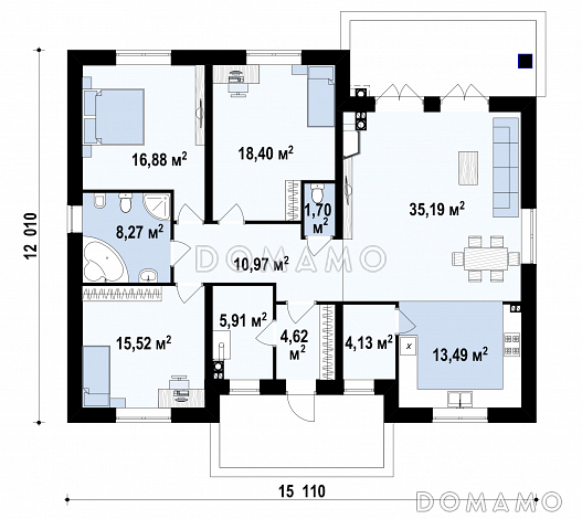 Проект одноэтажного дома из кирпича с тремя спальнями и небольшой крытой угловой террасой / План 1 этажа