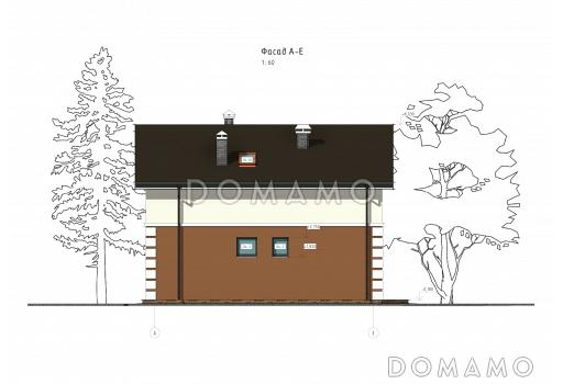 Проект коттеджа с совмещенной кухней-гостиной, спортзалом на мансардном этаже, балконом и окнами в пол / Фасад 2