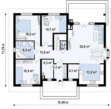 Проект одноэтажного дома из газобетона с мансардой и барбекю на террасе  / План 1 этажа