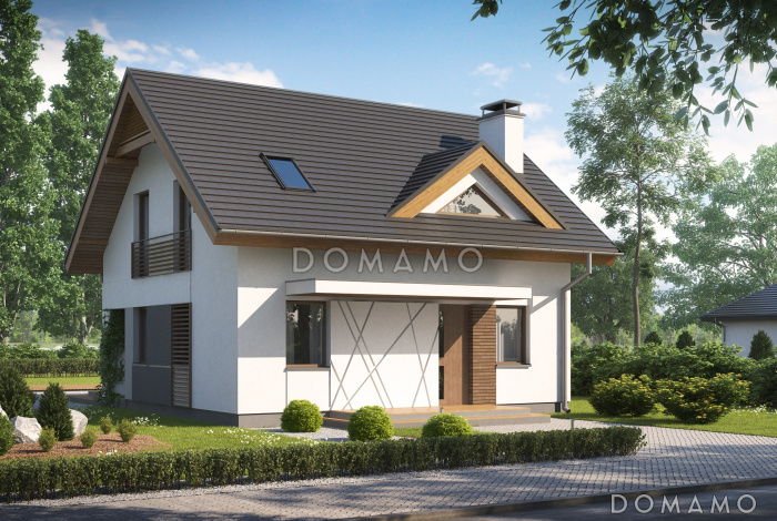 Проект небольшого одноэтажного дома из кирпича с тремя спальнями на мансардном этаже и балконом