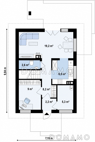 Проект компактного одноэтажного мансардного дома из газобетона с кабинетом и балконом / План 1 этажа