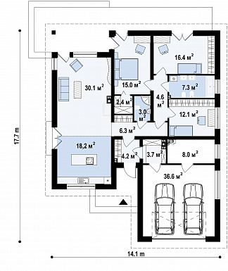 Проект современного одноэтажного дома из газобетона с тремя спальнями и большим фронтальным гаражом, с изменённой крышей и крытой террасой / План 1 этажа