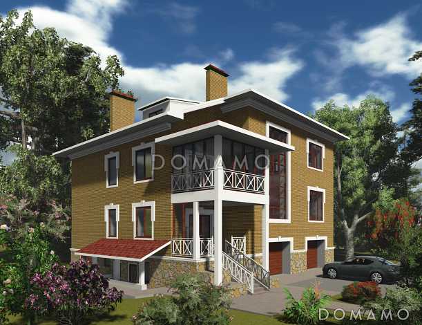 Проект двухэтажного коттеджа с цокольным этажом, гаражом и парной