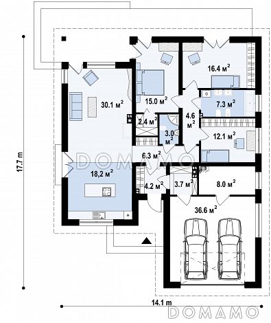 Проект современного одноэтажного дома из газобетона с тремя спальнями и большим фронтальным гаражом, с изменённой крышей и крытой террасой / План 1 этажа