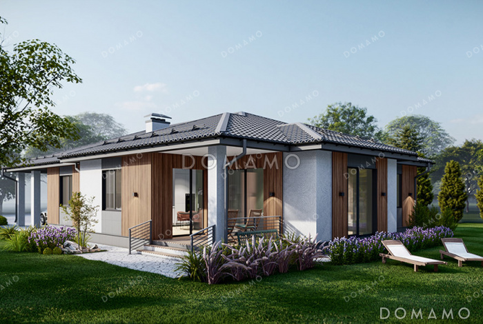 Проект одноэтажного дома с кабинетом, навесом для машины, тремя спальнями и небольшой угловой террасой