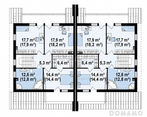 Проект мансардных домов-близнецов из газобетона с гаражом и слуховым окном / План мансардного этажа