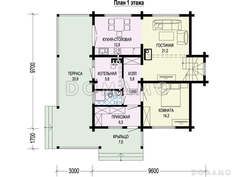 Проект двухэтажного дома из бруса с четырьмя спальнями, кабинетом и крытой террасой / План 1 этажа