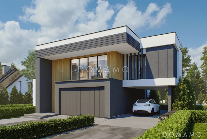 Проект дома из газобетона с бассейном, террасой и гаражом на 2 машины