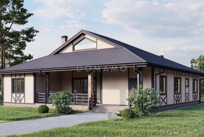 Проект одноэтажного дома с 3 спальнями, кабинетом и антресолью на чердаке