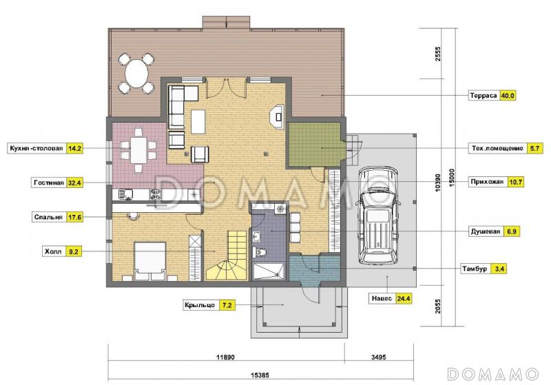 Проект кирпичного дома с навесом для машины / План 1 этажа