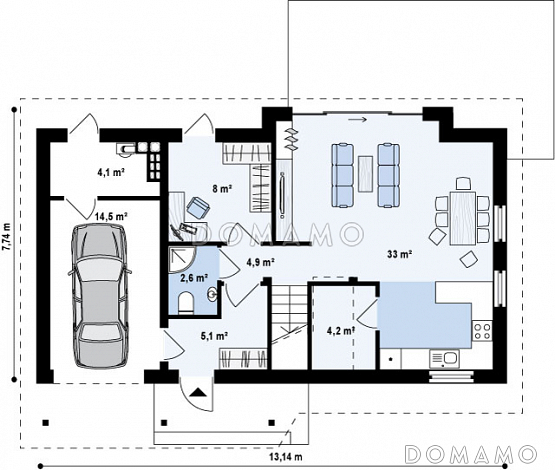 Проект увеличенного одноэтажного мансардного дома из кирпича с гаражом и большим фронтонным окном / План 1 этажа