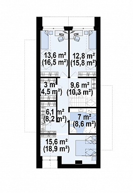Проект загородного дома в современном стиле с комнатой и гардеробом на первом этаже, тремя спальнями на мансарде, просторной обеденной зоной / План мансардного этажа