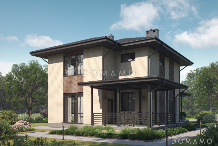 Проект 2-этажного газобетонного загородного дома с террасой