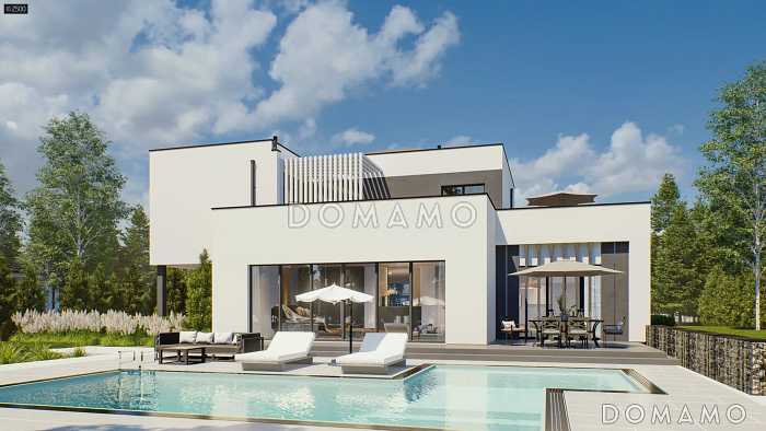 Проект двухэтажного кирпичного дома с террасой, бассейном, гаражом