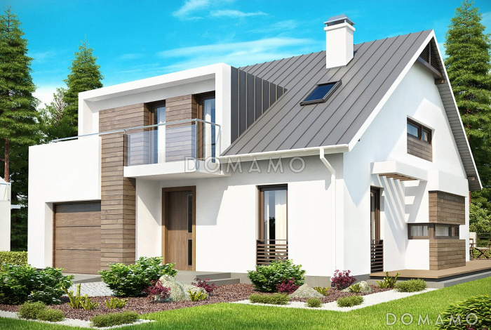 Проект мансардного дома из кирпича с пятью спальнями, гаражом и балконом