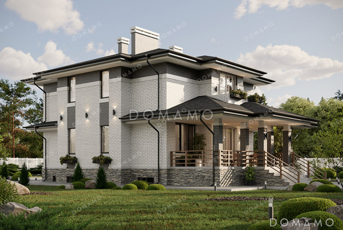 Проект большого двухэтажного дома в стиле Райт с подвалом, большой крытой террасой и балконом на втором этаже