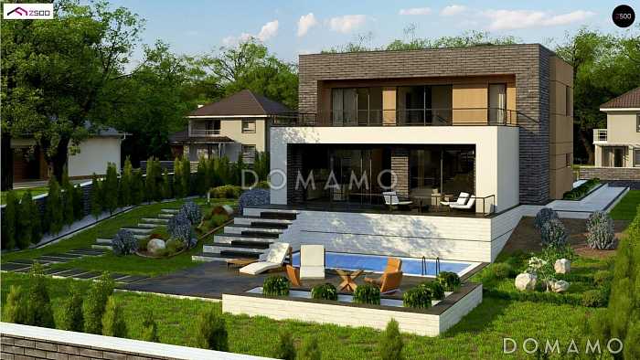 Проект современного двухэтажного дома из кирпича с плоской крышей, с четырьмя комнатами, гаражом и террасами на двух уровнях