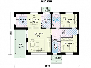 Проект одноэтажного компактного дома из газобетона с двумя спальнями, просторной дневной зоной и крытой террасой / План 1 этажа