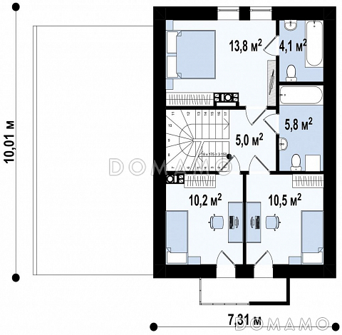 Проект одноэтажного мансардного дома из газобетона с тремя спальнями, кабинетом и гаражом  / План мансардного этажа