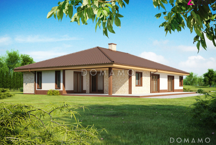 Проект просторного одноэтажного дома из газобетона с фронтальным гаражом, четырьмя спальнями и большой гостиной