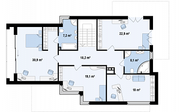 Проект современного двухэтажного дома из кирпича в стиле модерн с пятью спальнями, с гаражом, угловой террасой и балконом над ней / План 2 этажа