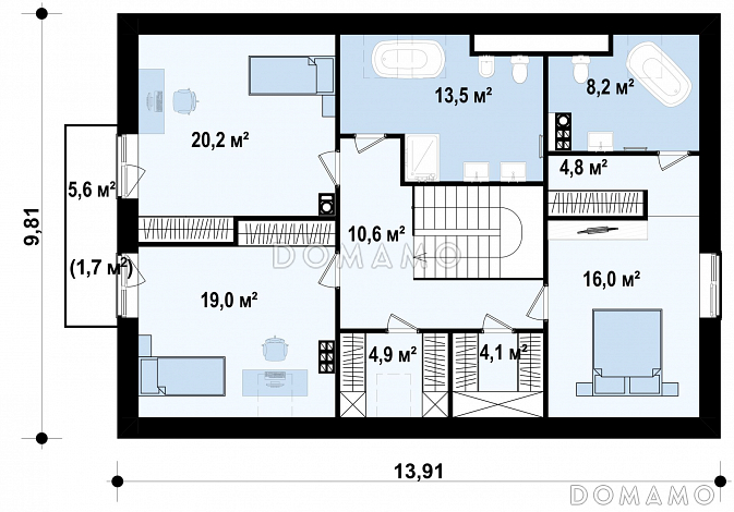 Проект одноэтажного мансардного дома из кирпича простой формы с кабинетом и встроенным гаражом / План мансардного этажа