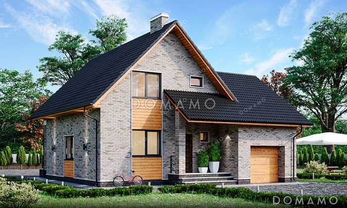 Проект дома с 3 спальнями и кабинетом на мансарде, гаражом и террасой