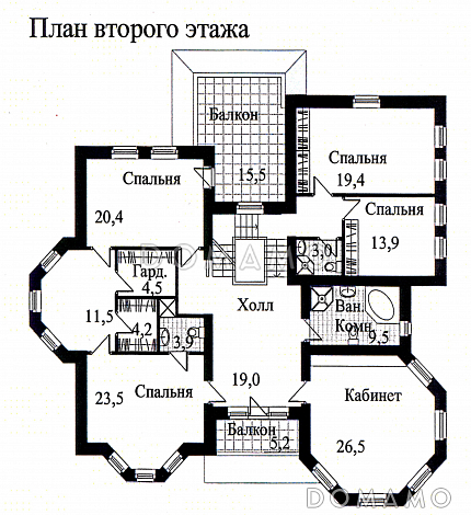 Проект дома из кирпича с необычной в плане каминной комнатой / План 2 этажа