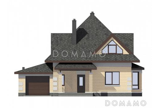 Проект дома из кирпича с гаражом, эркером в кухне, террасой / Фасад 1