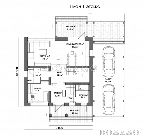 Проект двухэтажного дома с 3 спальнями, кабинетом и автонавесом / План 1 этажа