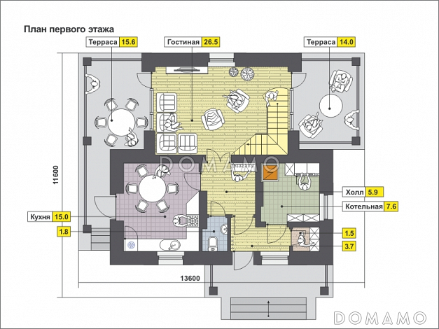 Проект дома рациональной планировкой с двумя террасами, вторым светом, изолированной кухней, тремя спальнями / План 1 этажа