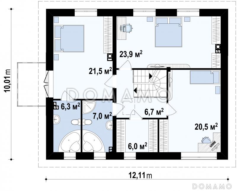 Проект современного двухэтажного дома из кирпича с четырьмя спальнями, балконом и встроенным гаражом / План 2 этажа