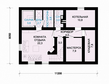 Проект дома из бревна с цокольным этажом / План цокольного этажа