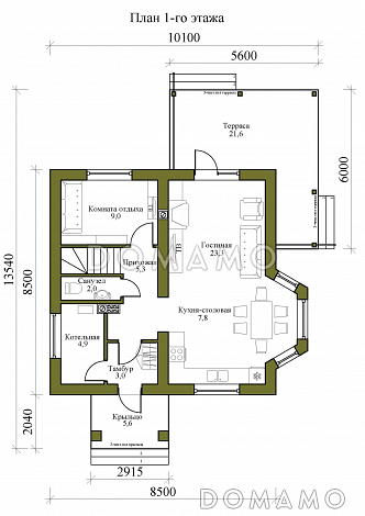 Проект одноэтажного дома с мансардой и ломанной крышей / План 1 этажа