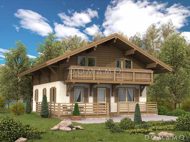 Проект каркасного дома с большим балконом на мансардном этаже