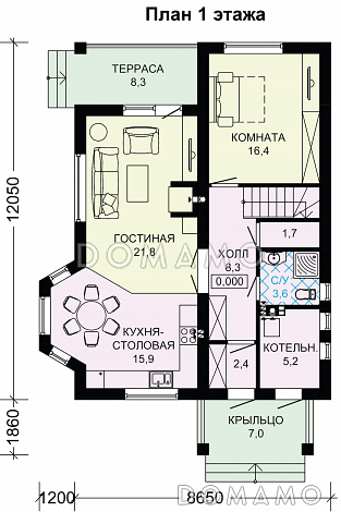 Проект небольшого дома с двумя крытыми террасами / План 1 этажа