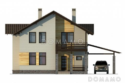 Проект двухэтажного коттеджа с облицовкой клинкером и с навесом для автомашины / Фасад 1