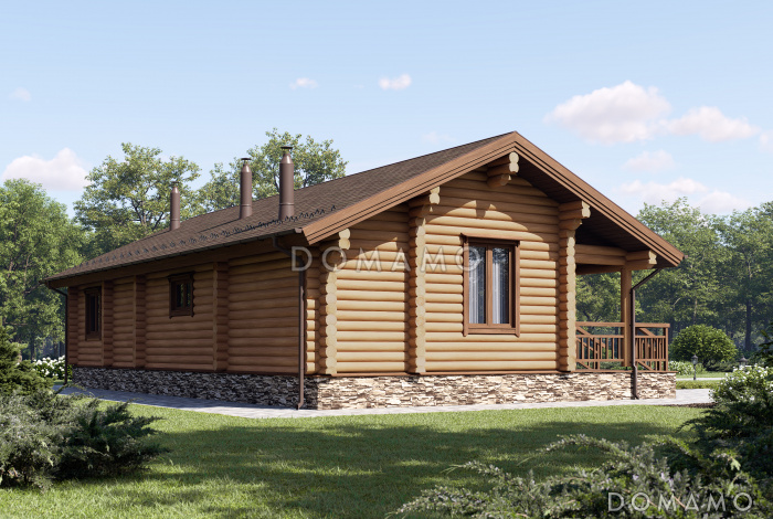 Проект бревенчатого дома с одной спальней, кухней-столовой и просторной гостиной с камином