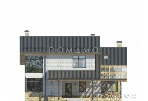 Проект загородного дома с игровой, крытой террасой, камином, просторной гостиной и кухней / Фасад 4