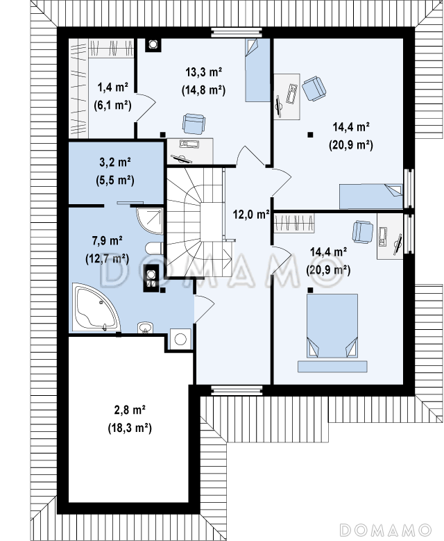 Проект мансардного дома из газобетона с кабинетом, гаражом и техническим помещением / План мансардного этажа