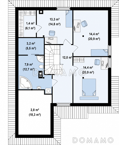 Проект мансардного дома из газобетона с кабинетом, гаражом и техническим помещением / План мансардного этажа