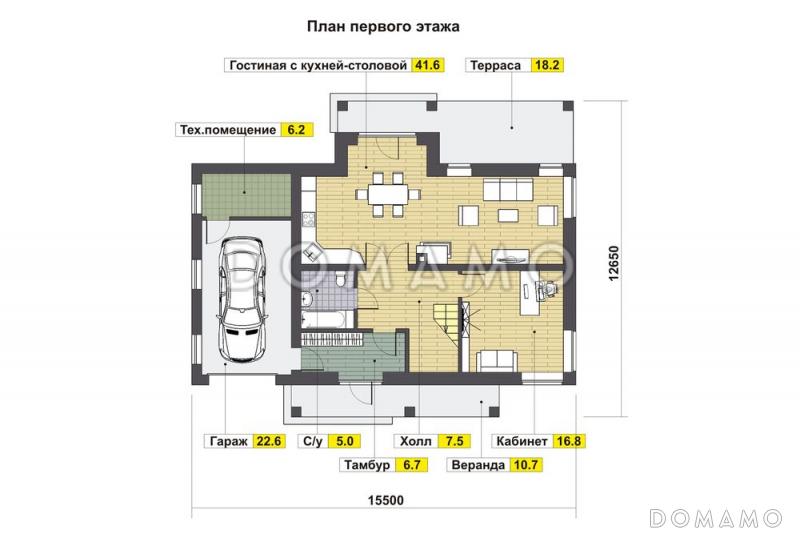 Проект дома с двумя балконами на мансардном этаже / План 1 этажа