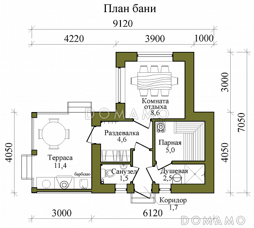 План кирпичной бани с барбекю в средневековом английском стиле / План 1 этажа