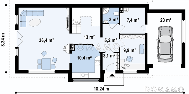 Проект мансардного дома из газобетона с гаражом, прямоугольным эркером и двумя балконами / План 1 этажа