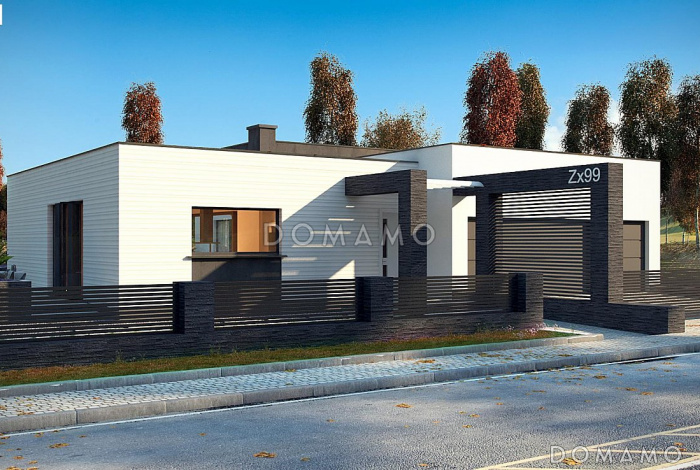 Проект просторного современного одноэтажного дома из газобетона с плоской крышей, с тремя спальнями, террасой и гаражом для трёх автомобилей