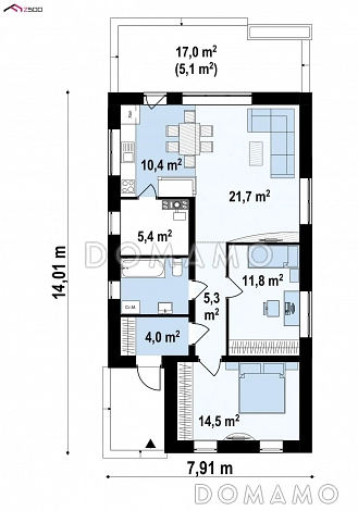Проект компактного одноэтажного дома из газобетона для небольшой семьи / План 1 этажа