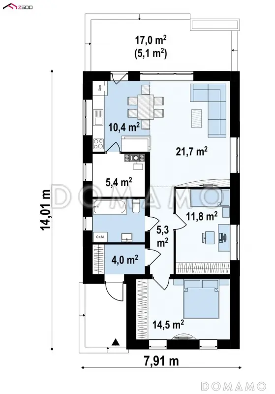 Проект компактного одноэтажного дома из газобетона для небольшой семьи / План 1 этажа