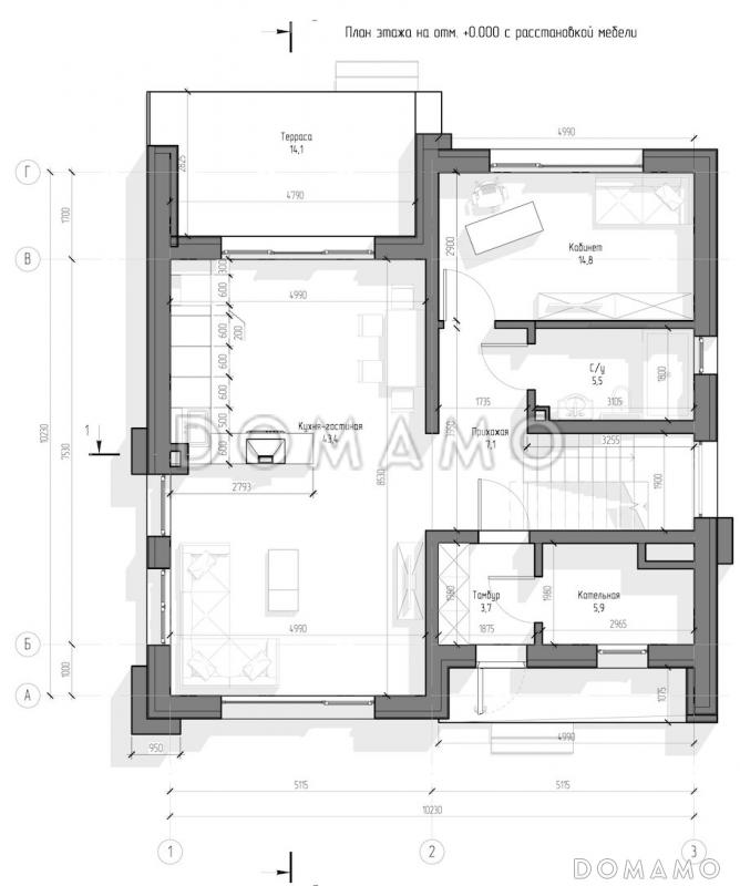 Проект двухэтажного дома с панорамными окнами, кабинетом, 3 спальнями, кухней-гостиной / План 1 этажа