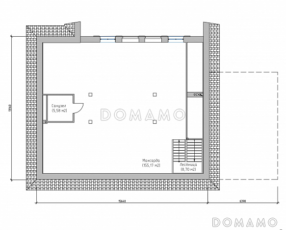 Проект большого современного дома с цокольным этажом и навесом для двух автомобилей / План мансардного этажа