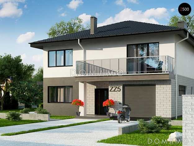 Проект современного двухэтажного дома из газобетона с четырьмя комнатами, гаражом и балконом